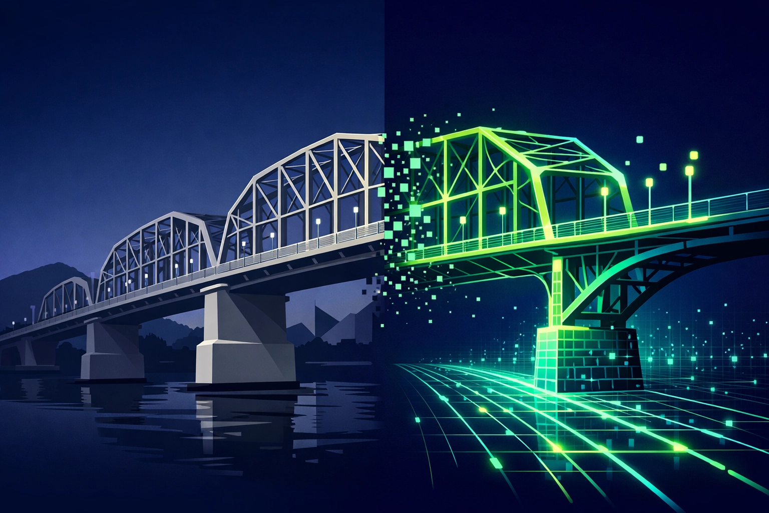 Chattanooga Walnut Street Bridge silhouette transitioning into a futuristic digital marketing pathway.