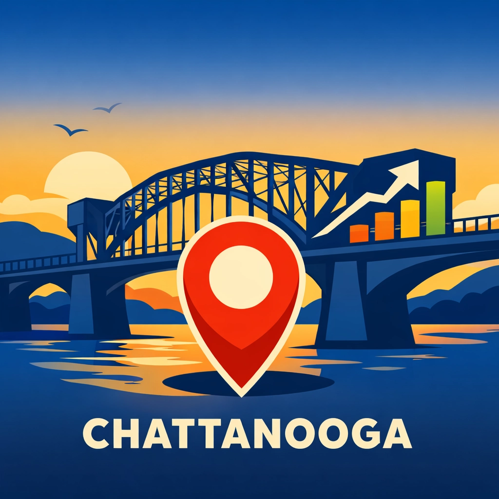 Local SEO growth illustration featuring a map pin and the Chattanooga Walnut Street Bridge.
