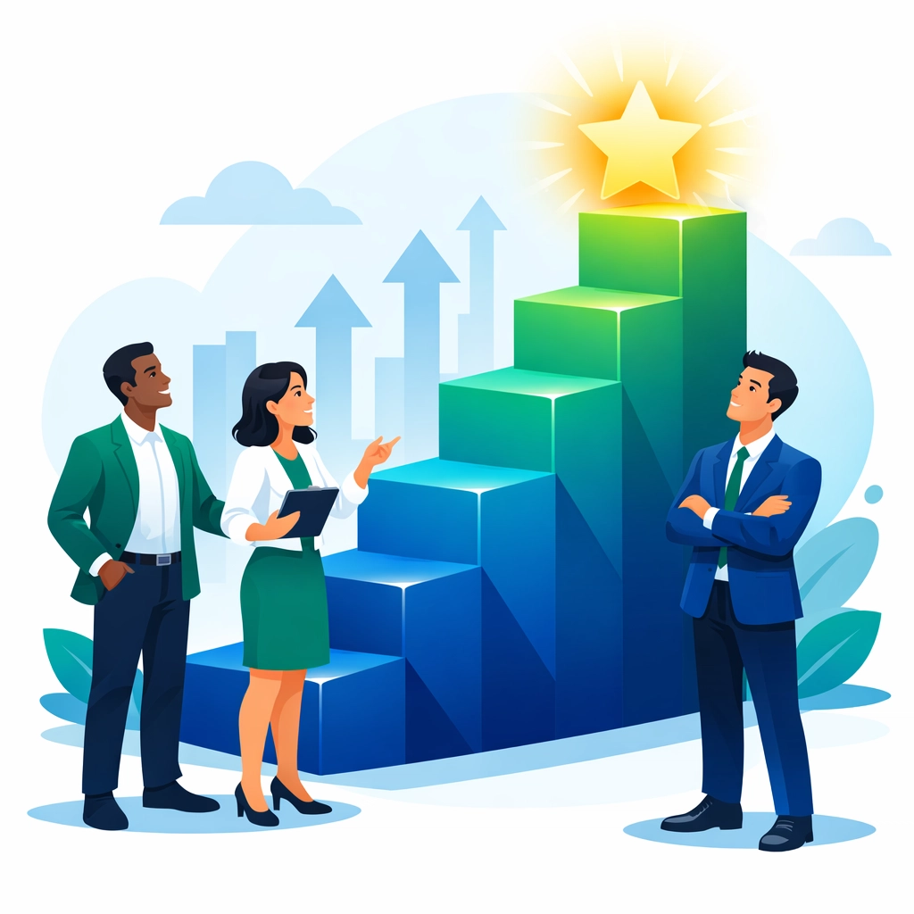 Business professionals climbing a staircase to reach growth success with Mediafy web design.