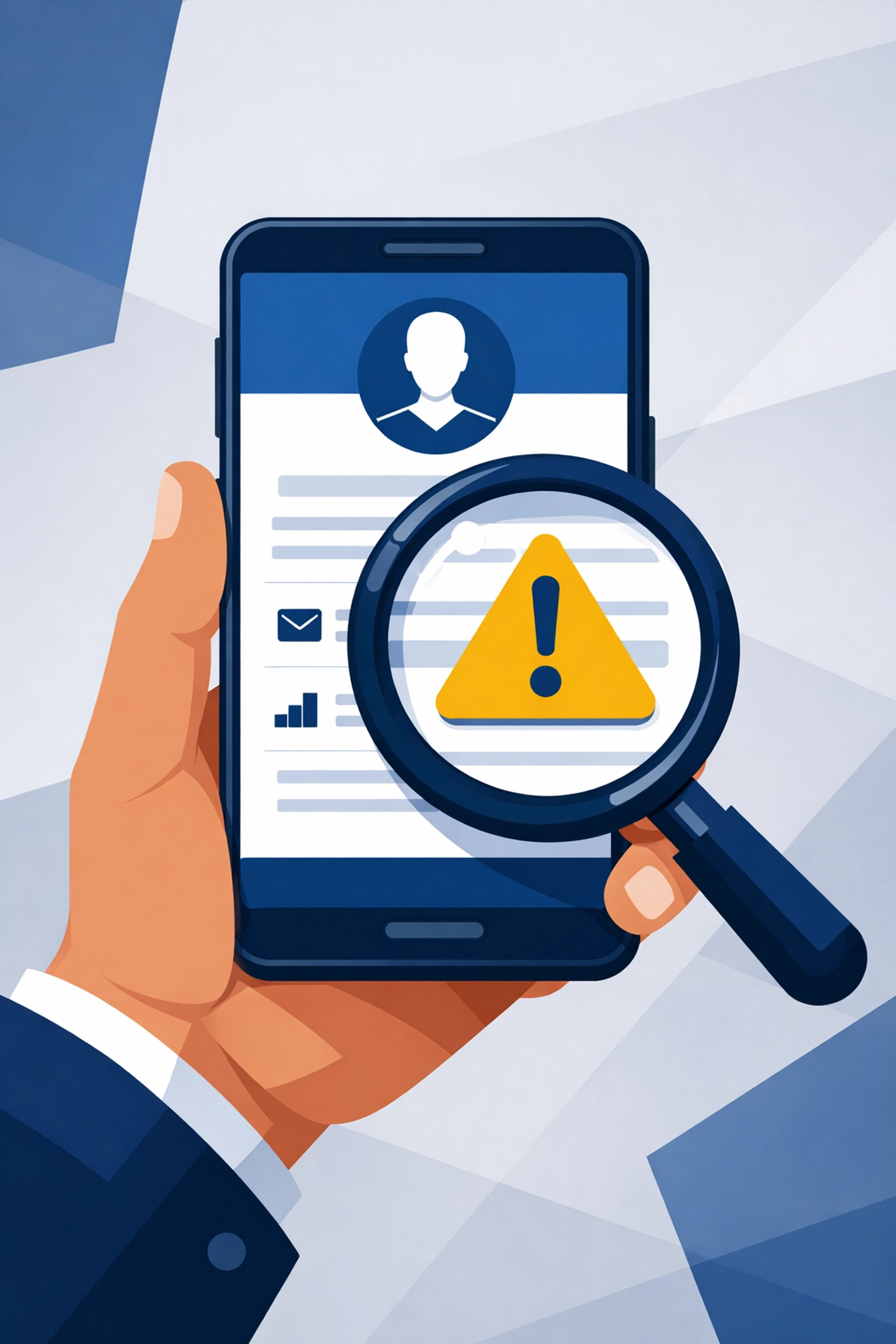 Magnifying glass auditing a Google Business Profile setup for errors on a mobile device.