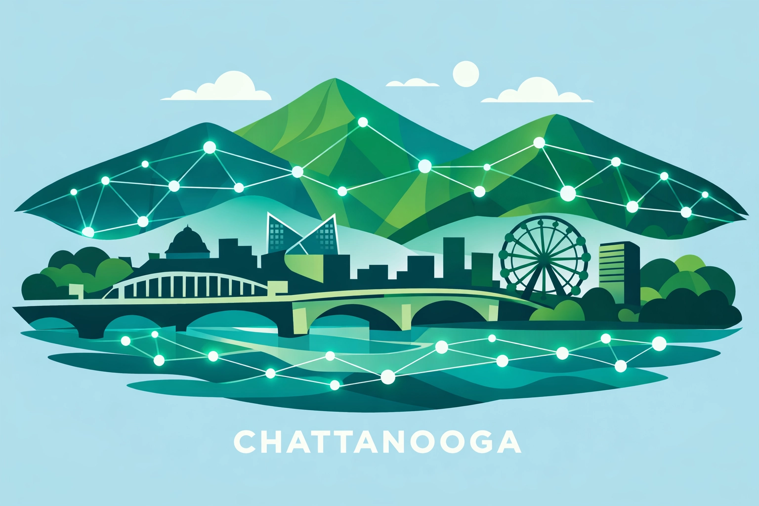 Digital network icons over Chattanooga skyline representing local SEO and digital marketing Chattanooga.