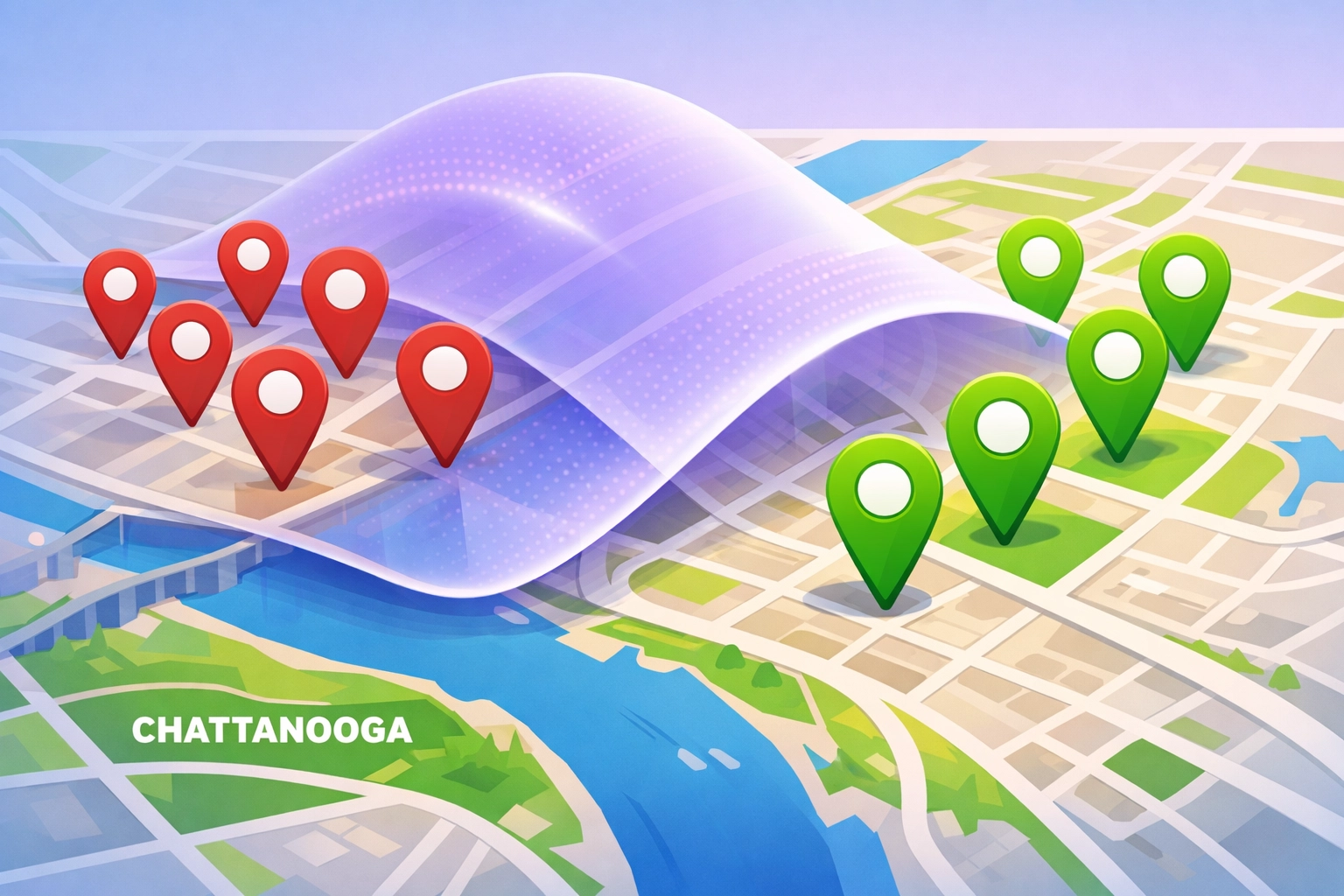 Digital scan identifying risky Google Business Profile pins on a Chattanooga city map.