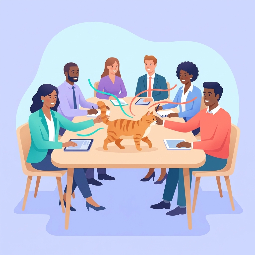 Freido Von Mediafy, the office cat at Mediafy's Chattanooga headquarters, sitting on a desk during a web design team meeting