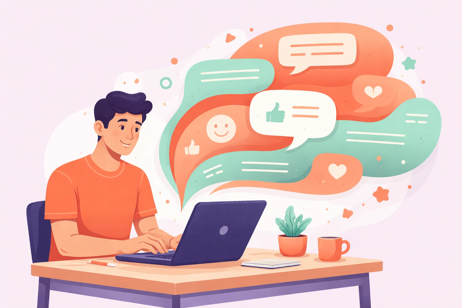 Illustration of a person typing on a laptop with conversational speech bubbles, emphasizing natural language content for AI optimization