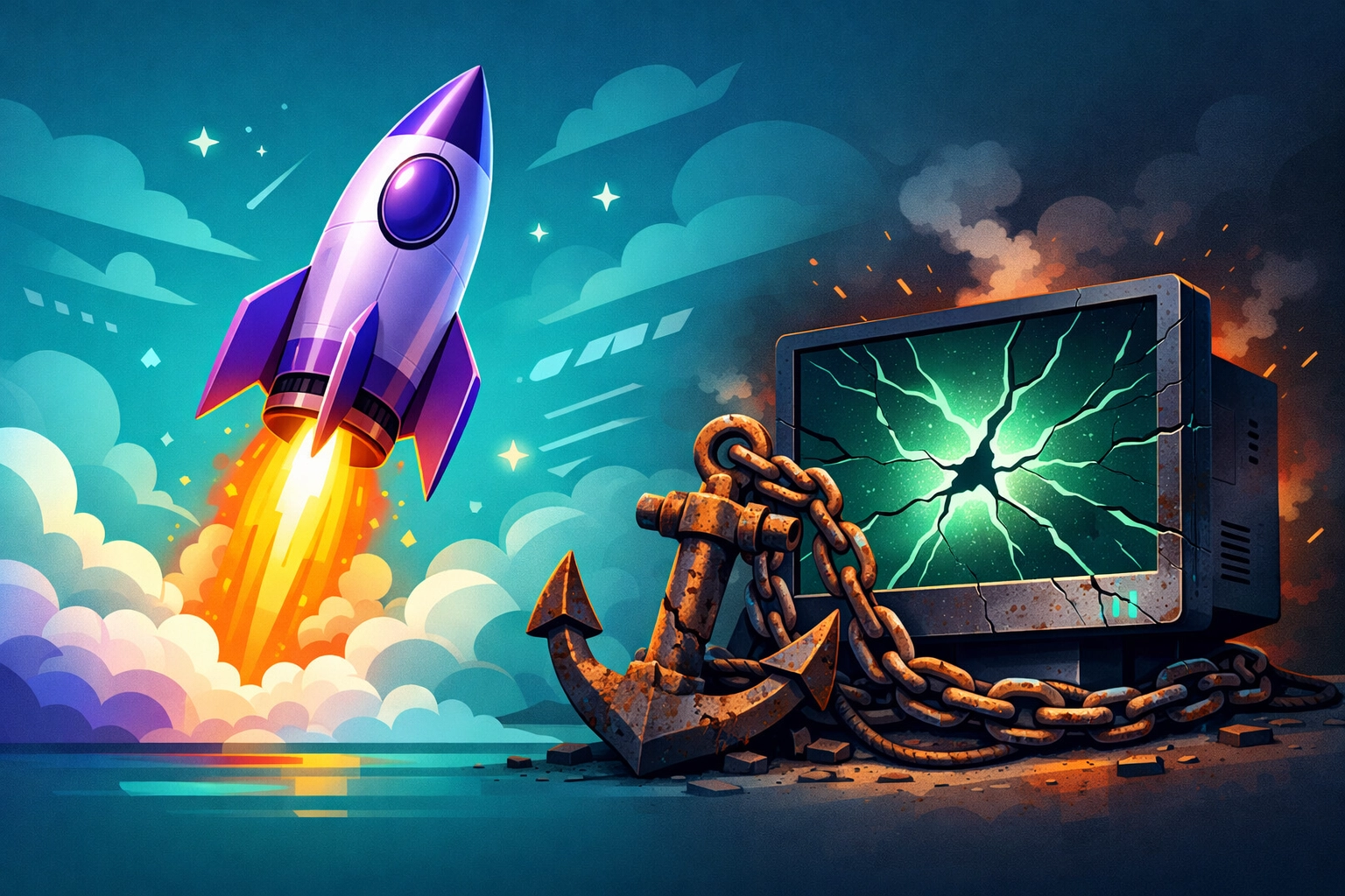 A rocket ship racing past an anchor to illustrate fast website speed vs slow budget hosting.