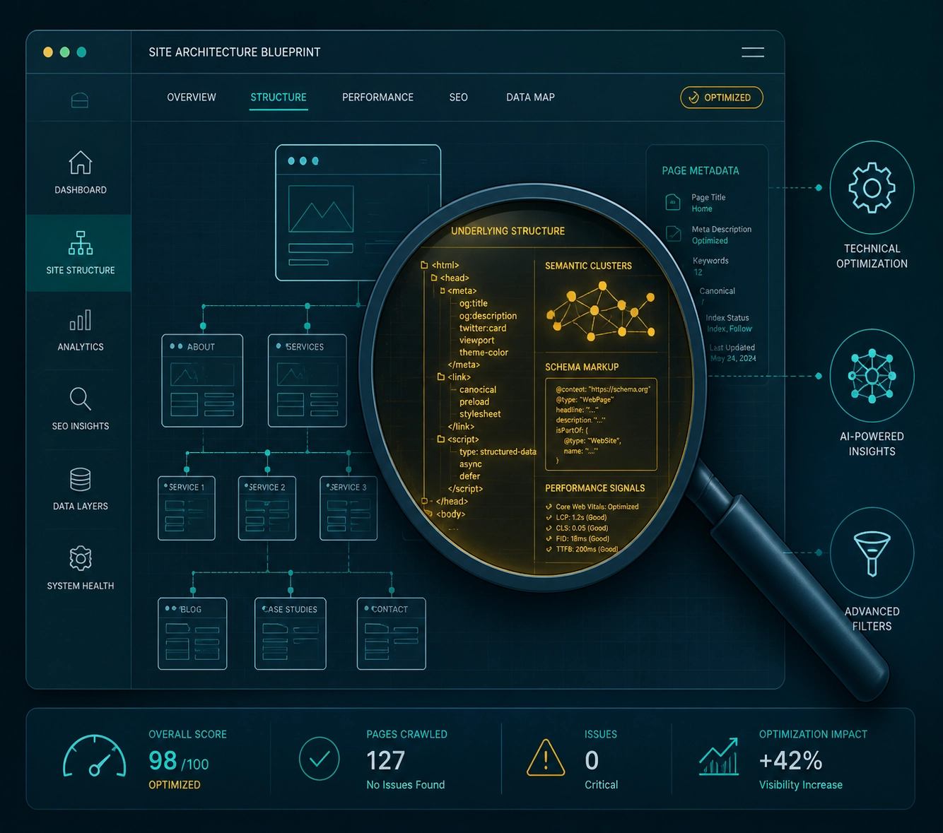 Magnifying glass inspecting a website blueprint for AI-ready metadata and technical search optimization.