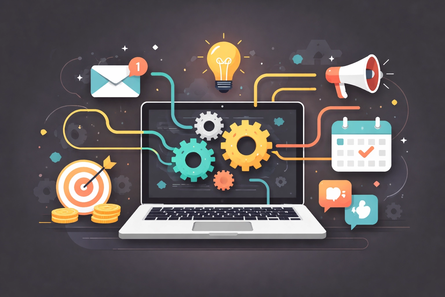 Laptop with gears and automation icons, representing digital tools for web design and marketing efficiency in Chattanooga