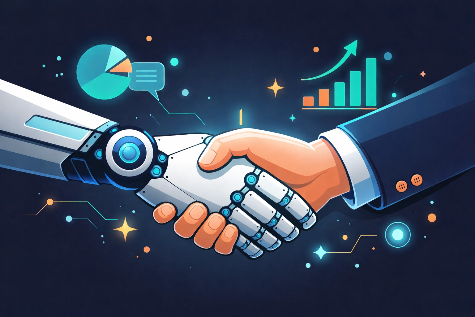 A human and robot hand shaking symbolizes AI partnership for Chattanooga businesses' digital marketing success