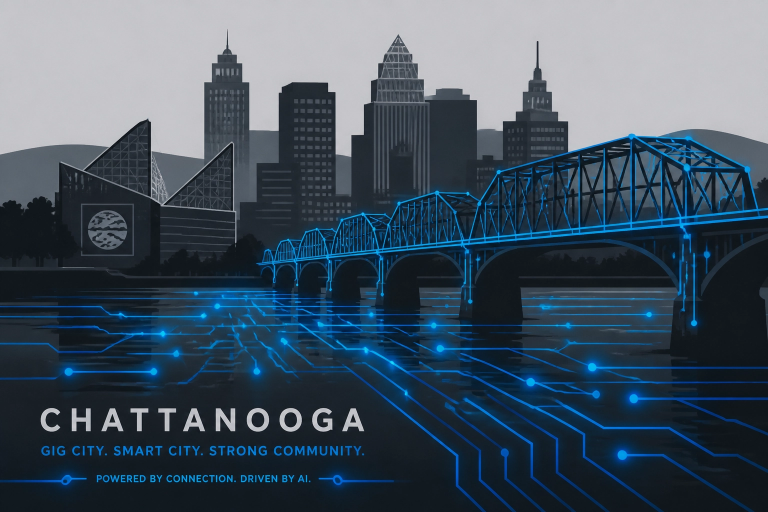 Chattanooga skyline with digital pulse overlay