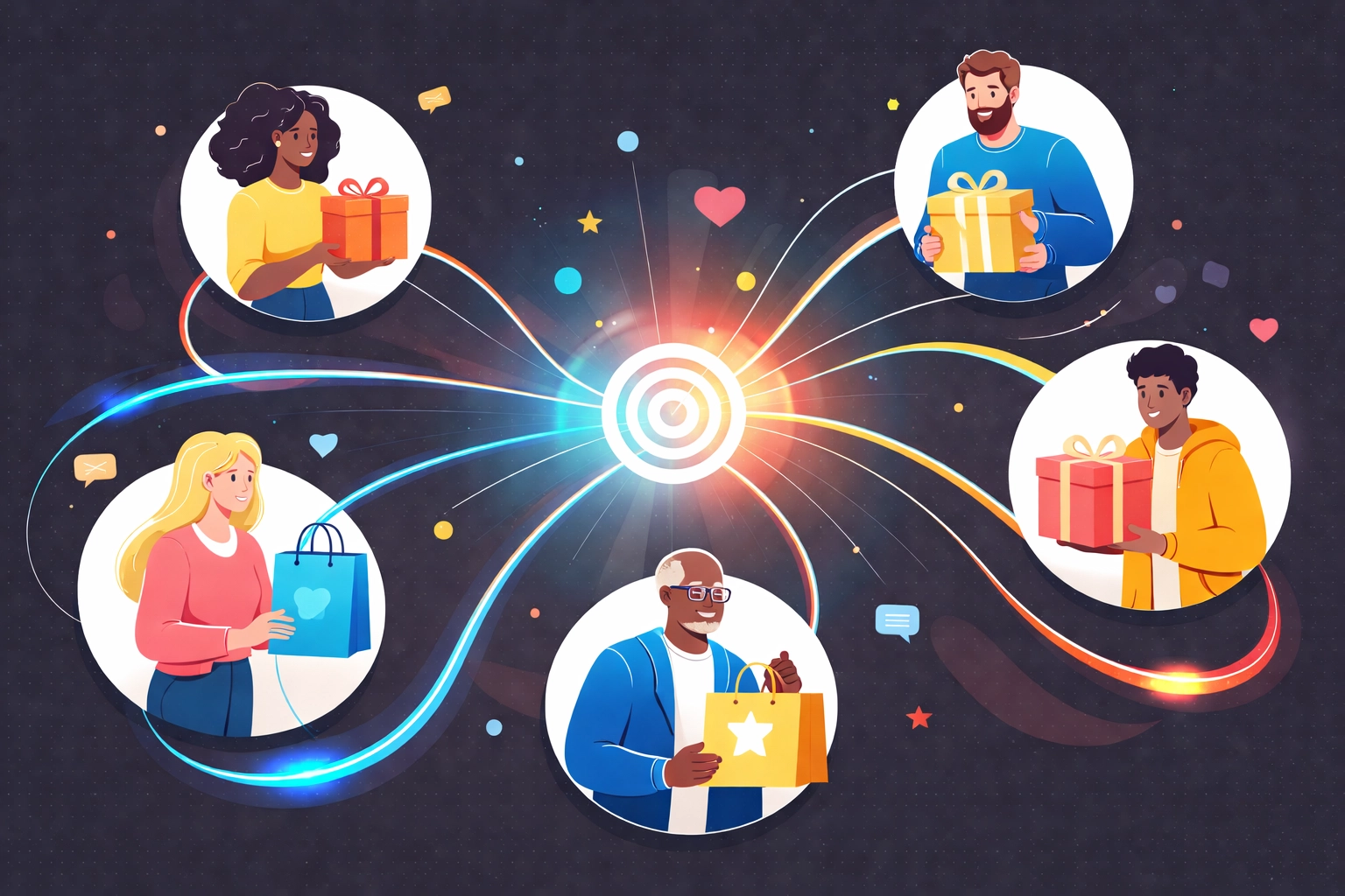 Personalized marketing illustration showing customers receiving tailored offers from Chattanooga businesses using AI